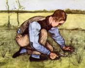 Boy Cutting Grass with a Sickle